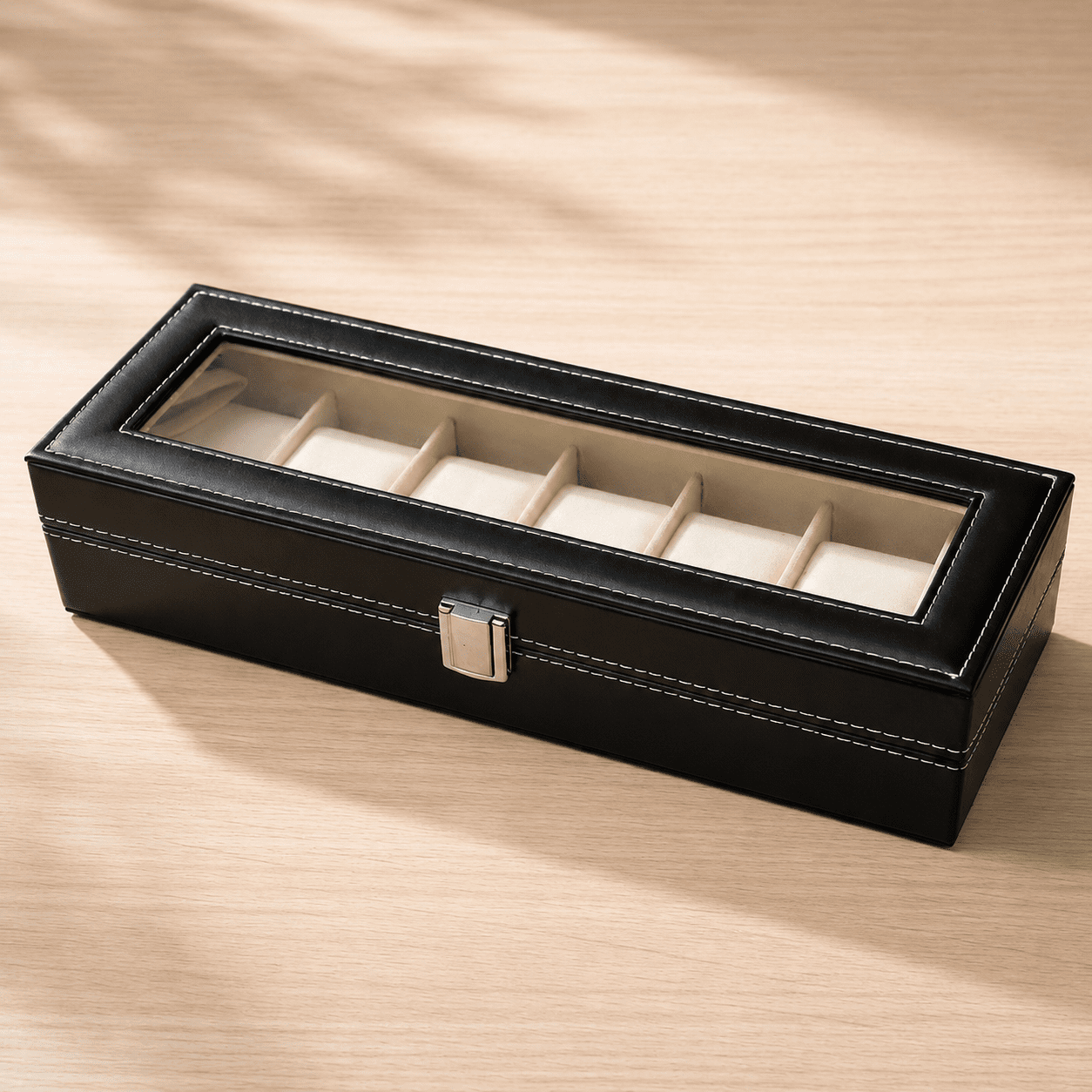 Luxury Leather Watch Organizer Box with Glass Lid - 6 Slot Premium Watch Storage Case