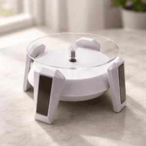360° Rotating Solar Jewelry Display Turntable-White Motorized Display Stand for Jewelry, Watches & Small Products