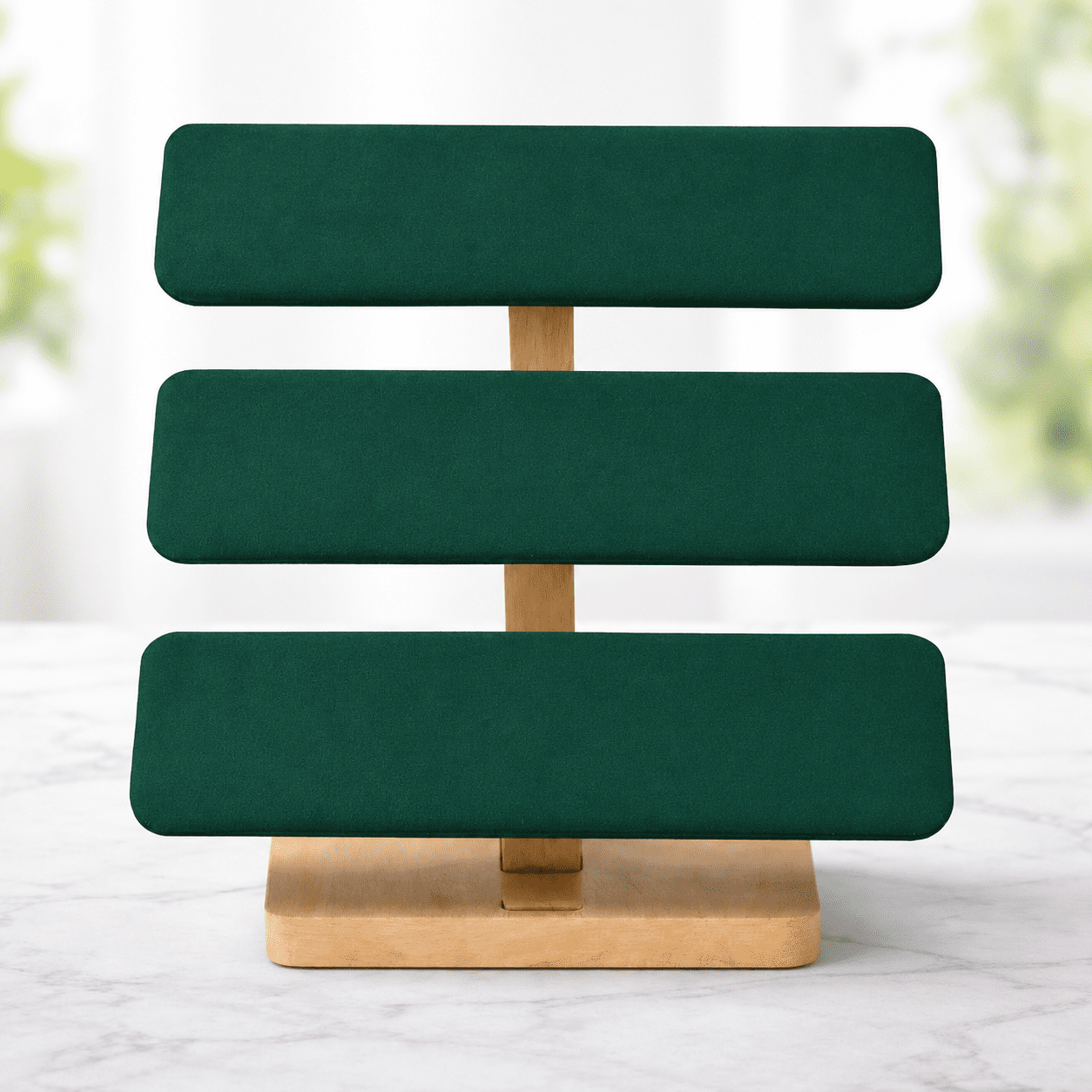 3-Tier Velvet Jewelry Display Stand with wooden base - Image 3