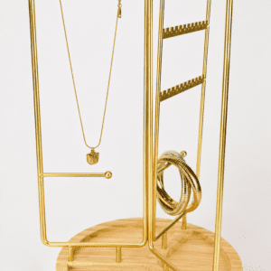 Rotating Gold Metal Jewellery Display Stand with Wooden Base - Necklace, Earrings & Bangles