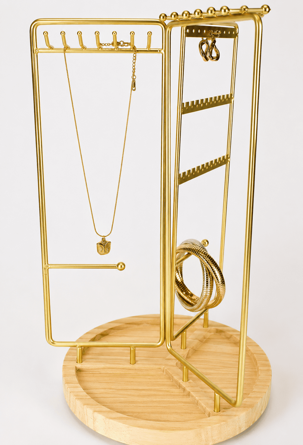 Rotating Gold Metal Jewellery Display Stand with Wooden Base - Necklace, Earrings & Bangles