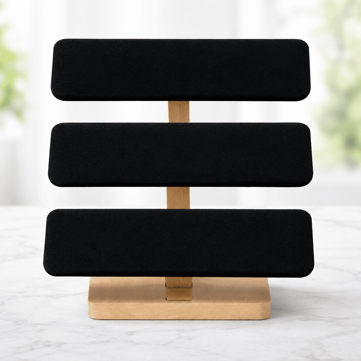 3-Tier Velvet Jewelry Display Stand with wooden base - Image 2
