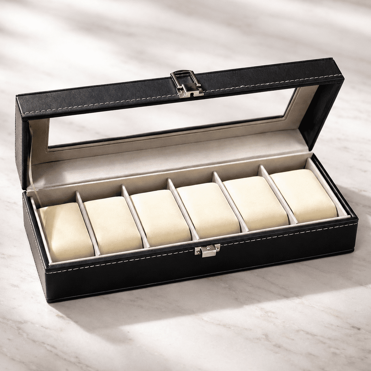 Luxury Leather Watch Organizer Box with Glass Lid - 6 Slot Premium Watch Storage Case - Image 2