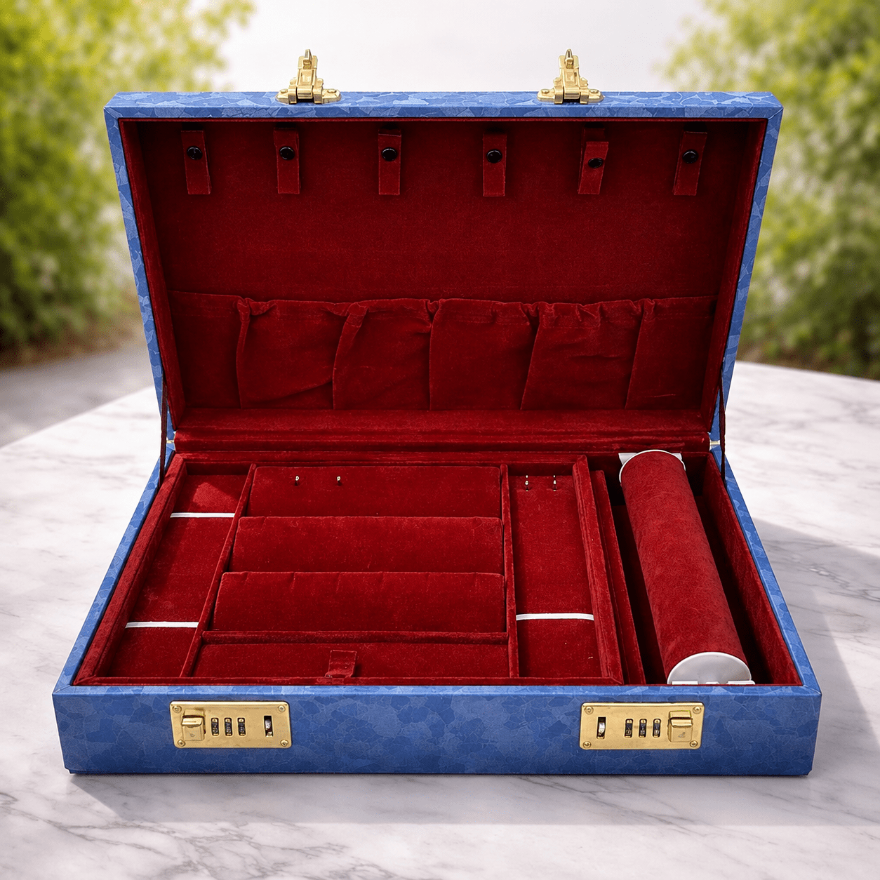 Premium Big Size Blue Velvet Jewelry Storage Box with Lock & Multi-Compartment Organizer